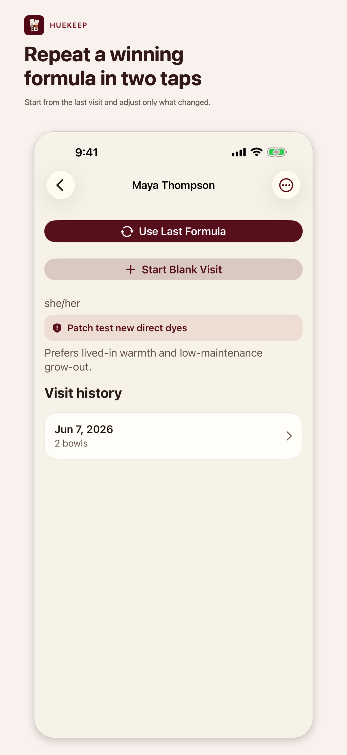 Huekeep screenshot showing how to repeat a successful formula in two taps