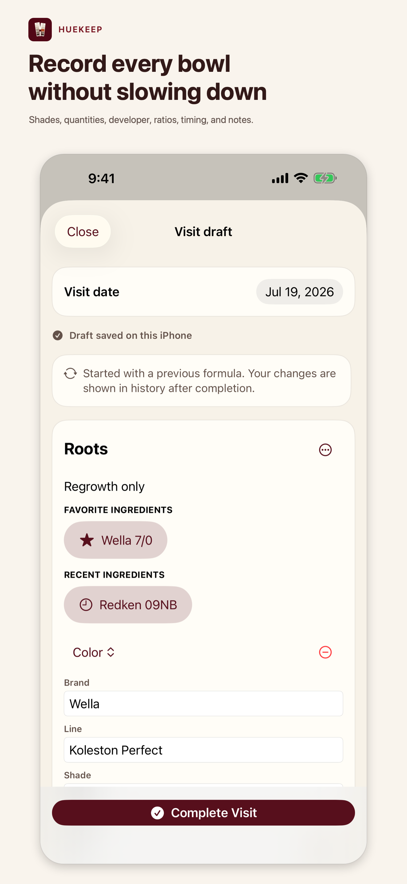 Huekeep screenshot showing structured hair-color formula entry