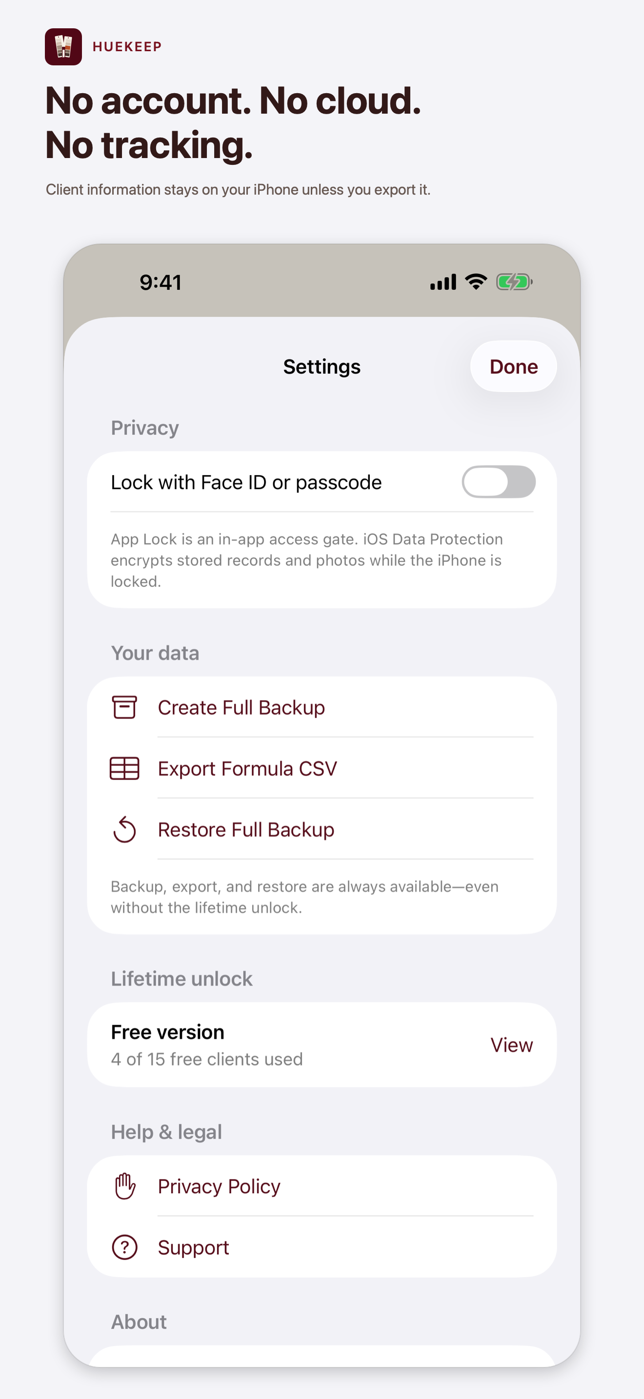 Huekeep screenshot showing privacy, backup, export, and restore settings
