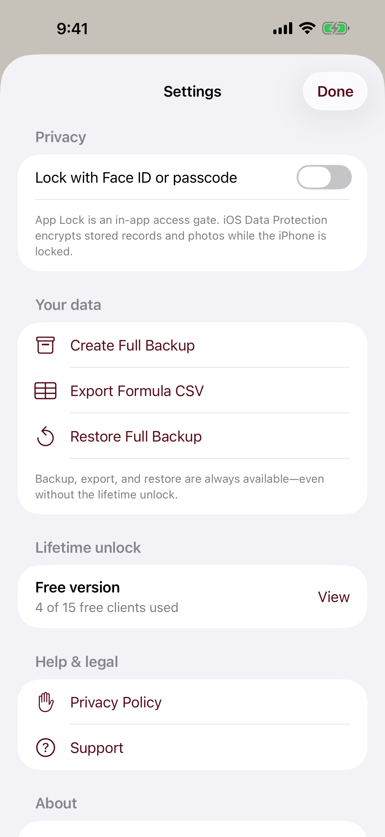 Huekeep privacy, app lock, backup, export, and restore settings